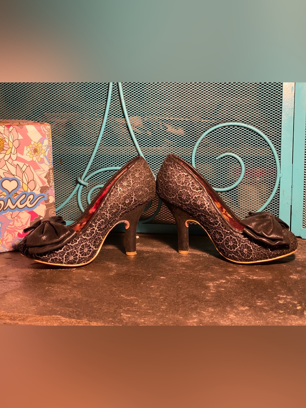 Irregular Choice Mal E Bow pumps in box, black silver lace,bows,8 - Picture 3 of 16